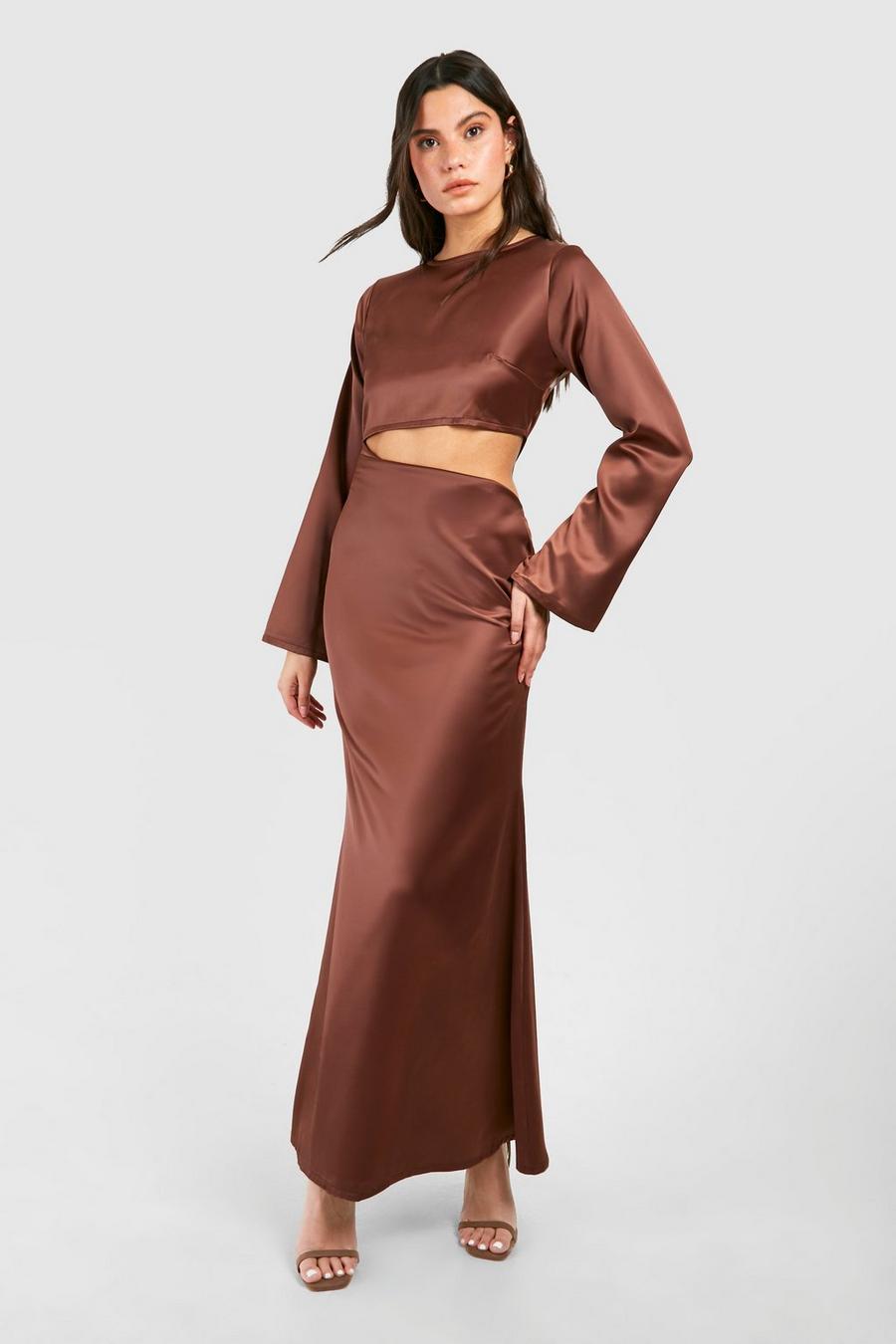 Chocolate Satin Cut Out Long Sleeve Maxi Dress image number 1