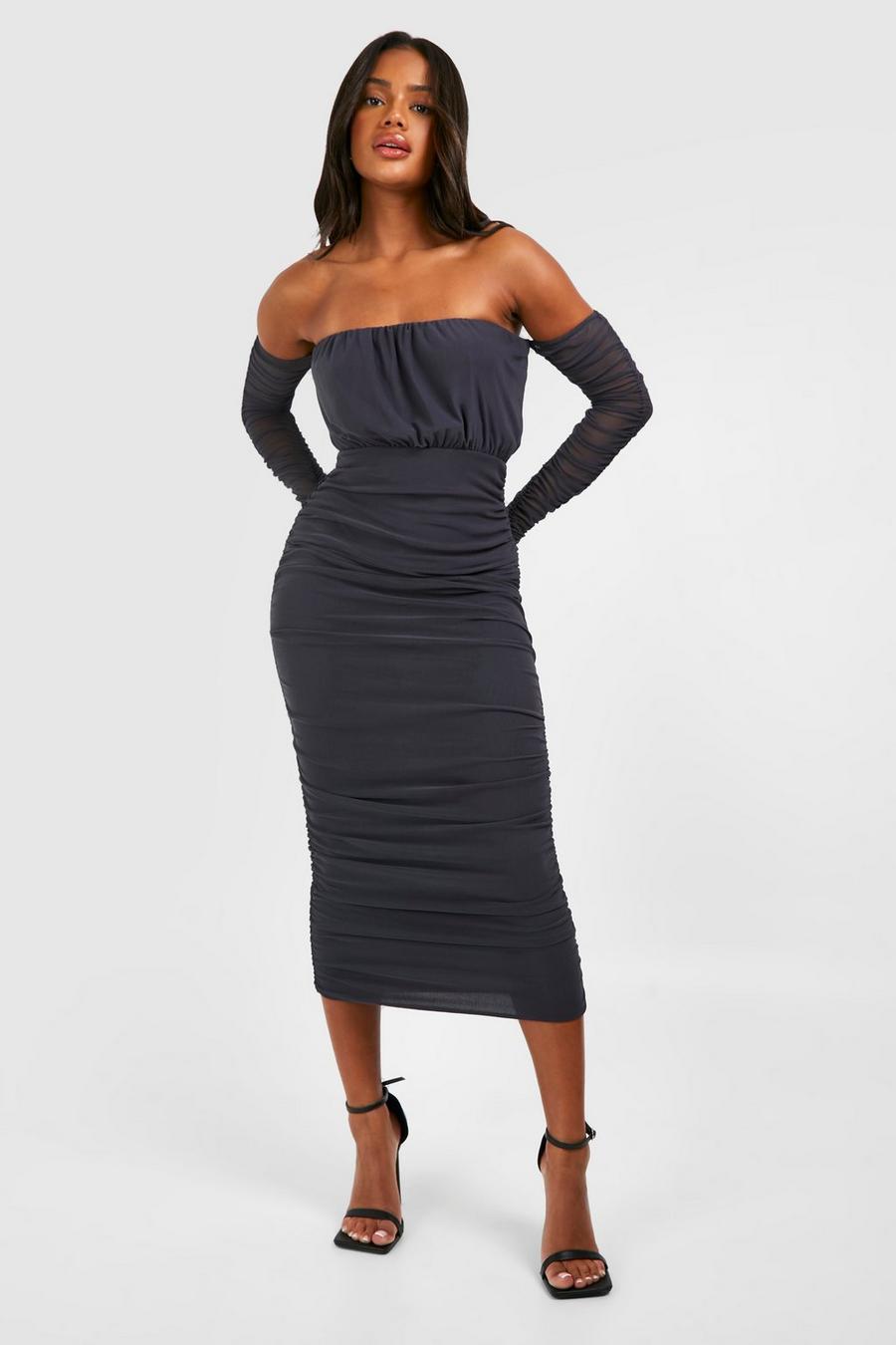 Charcoal Bardot Rouched Mesh Midaxi Dress image number 1