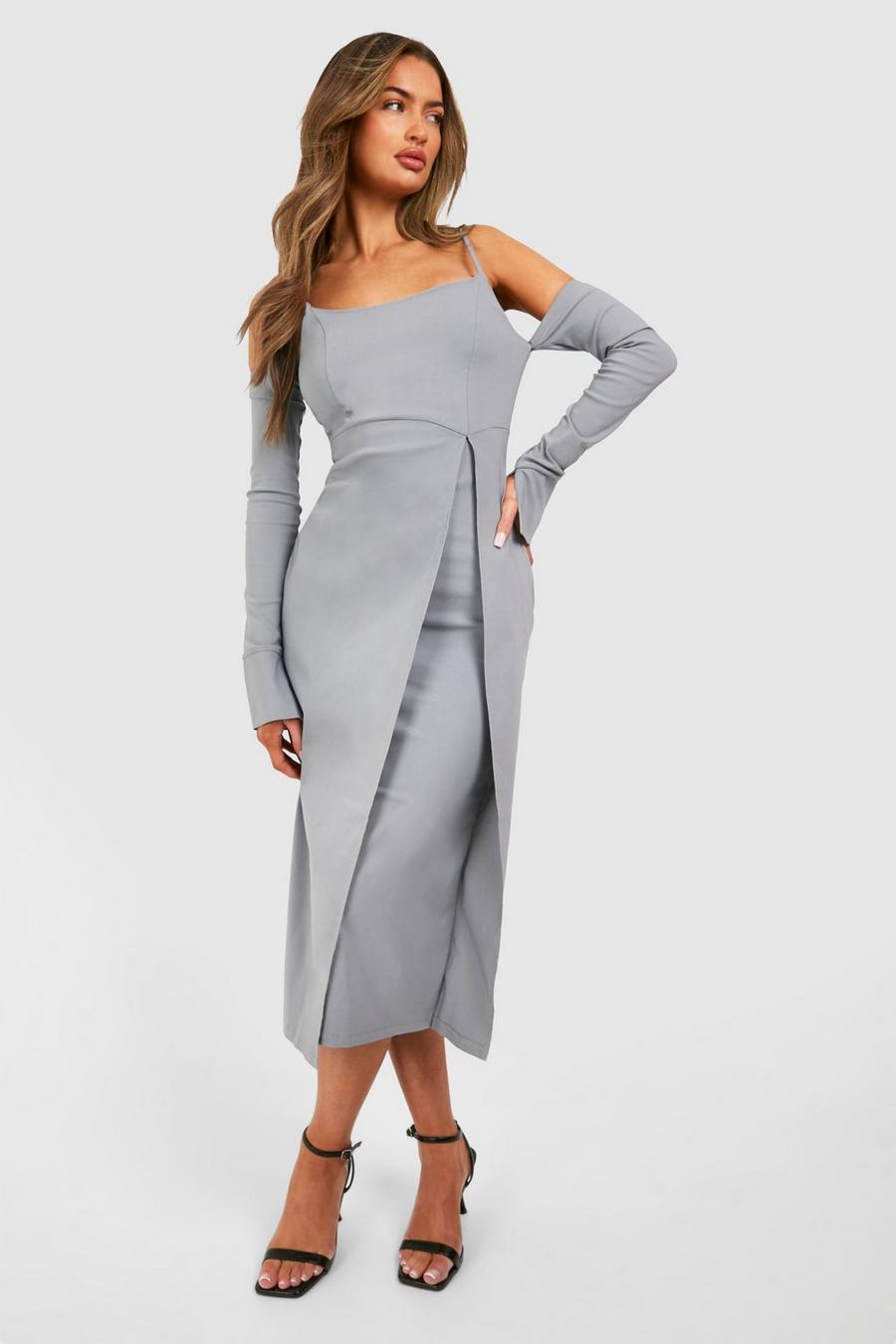 Grey Bengaline Strappy Bodycon Midi Dress image number 1