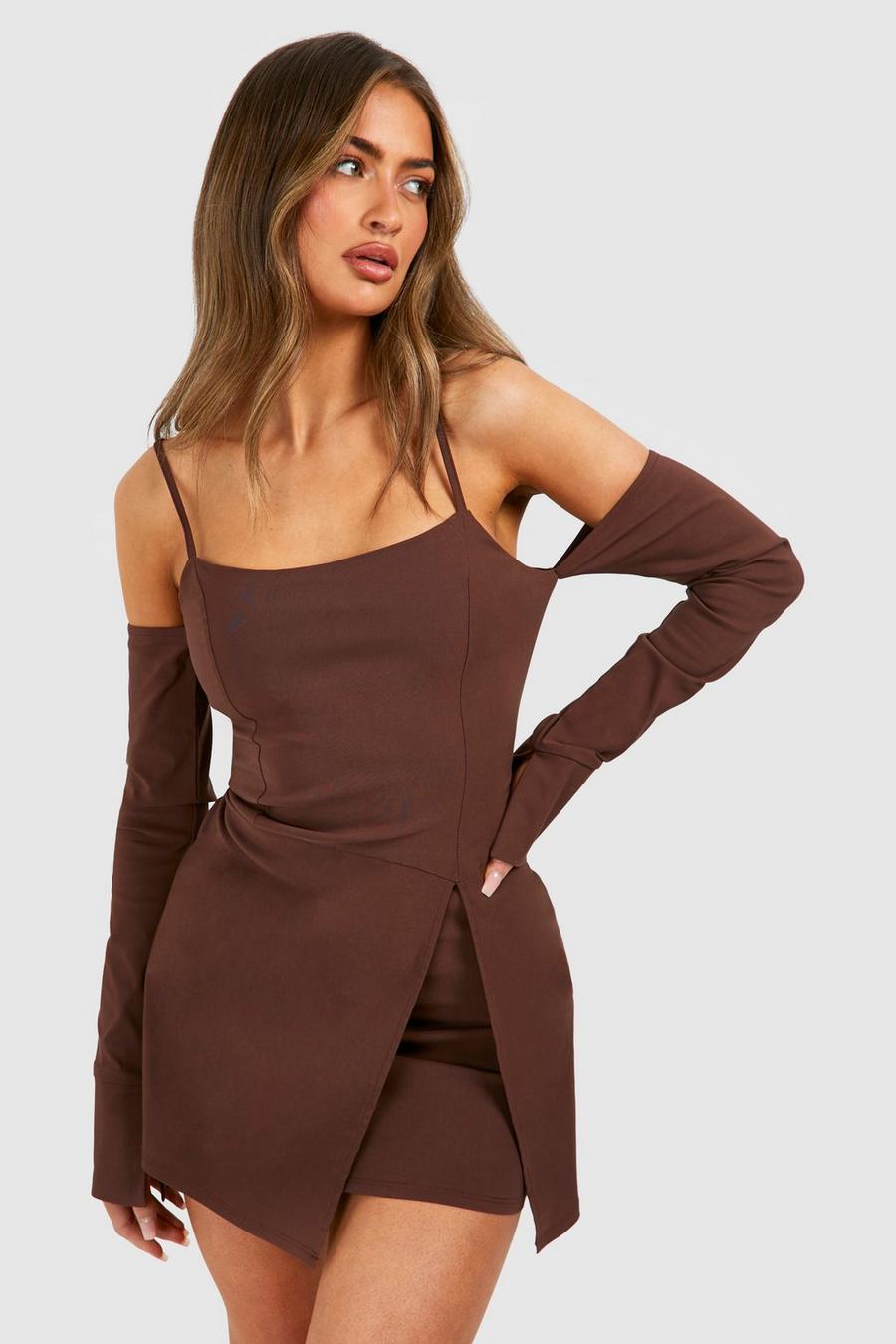 Chocolate Bengaline Strappy Bodycon Dress image number 1