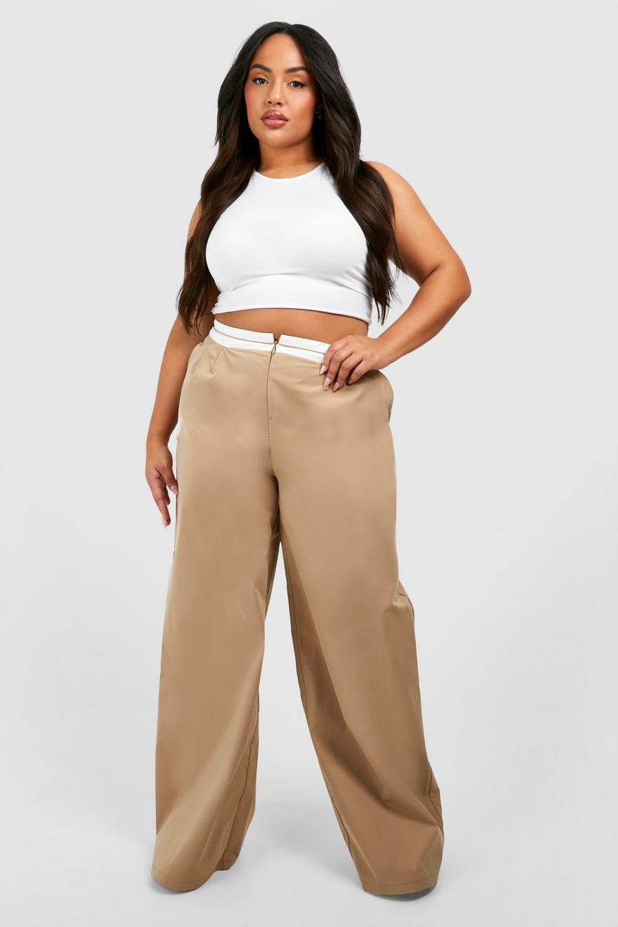 Camel Plus Woven Reverse Waist Wide Leg Trousers image number 1