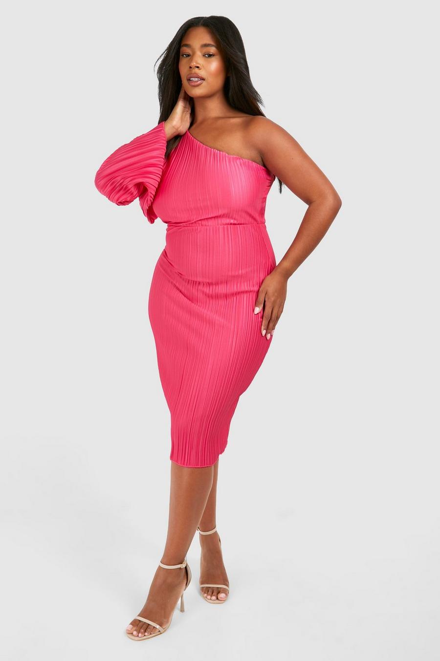 Hot pink Plus Wide Plisse Cape Sleeve Detail Midi Column Dress image number 1