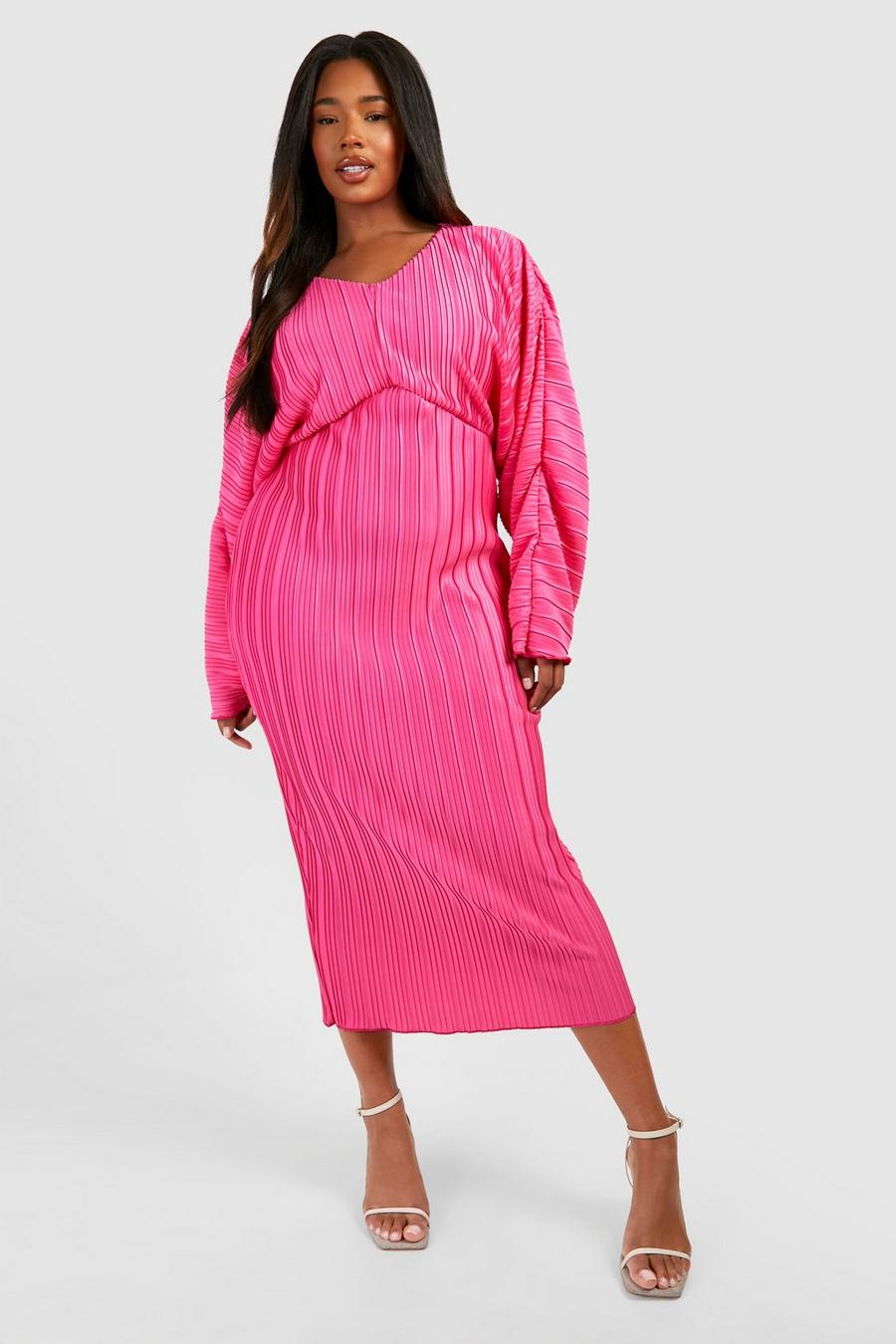 Pink Plus Plisserad midaxiklänning med fladdermusärm image number 1