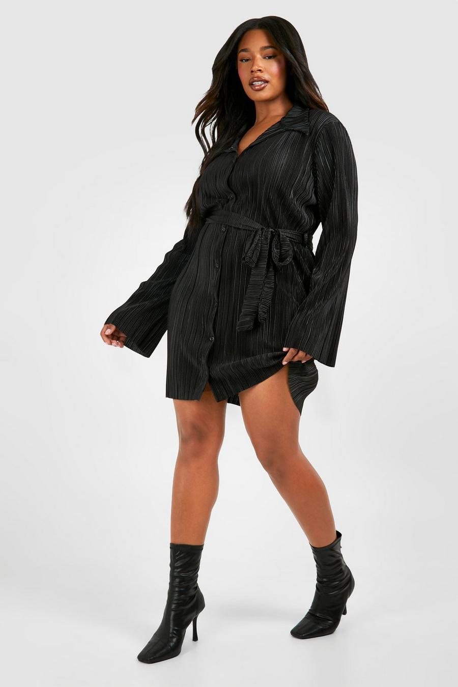 Vestito camicia Plus Size plissettato con laccetti e maniche svasate, Black