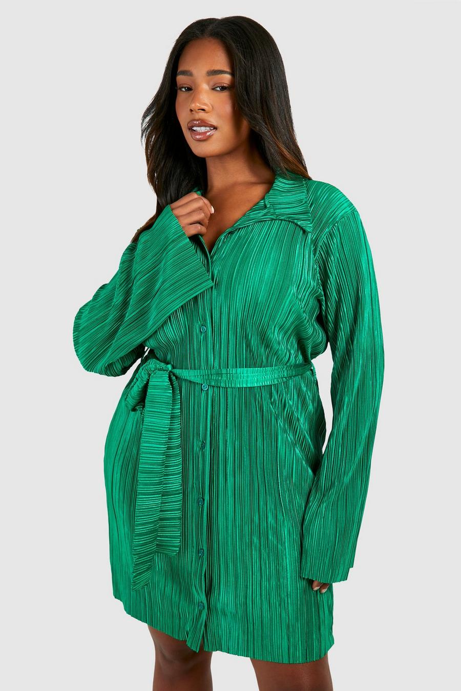 Green Plus Plisse Flared Sleeve Tie Shirt Dress 