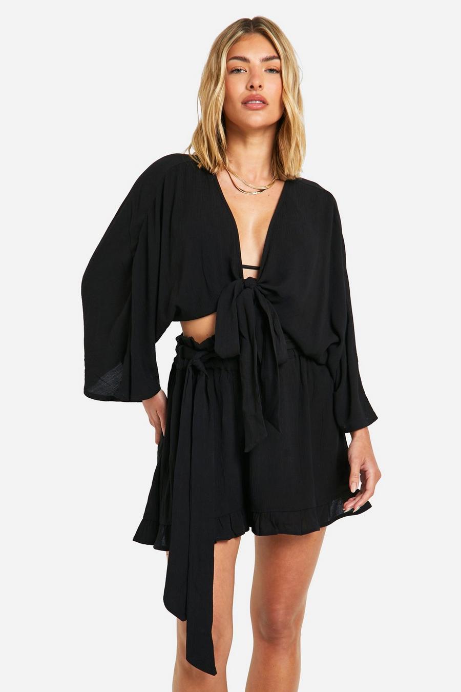 Black Cheesecloth Tie Front Beach Shirt image number 1