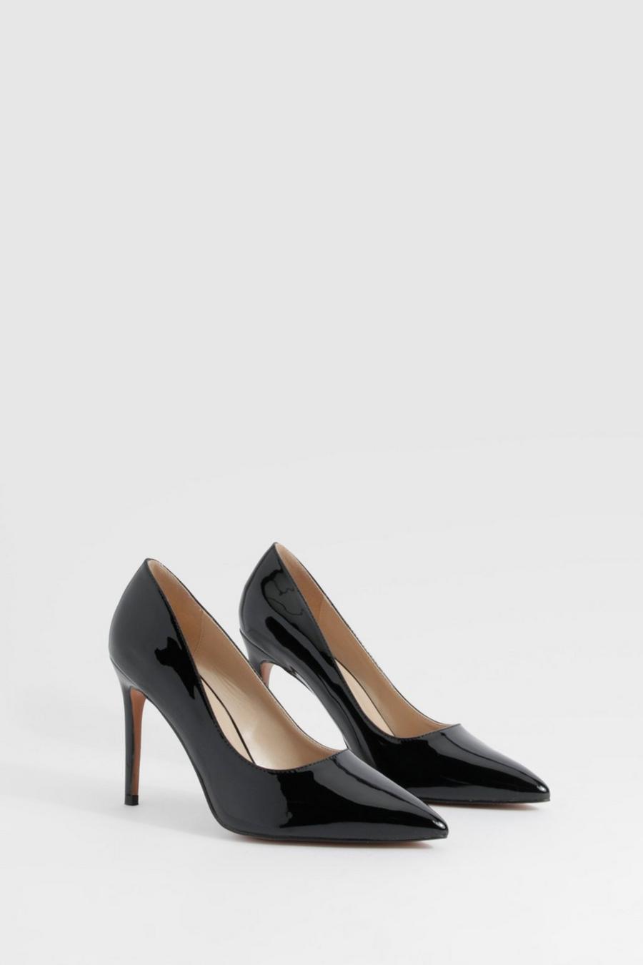 Black Wide Fit Pointed Toe Stiletto Court Heel