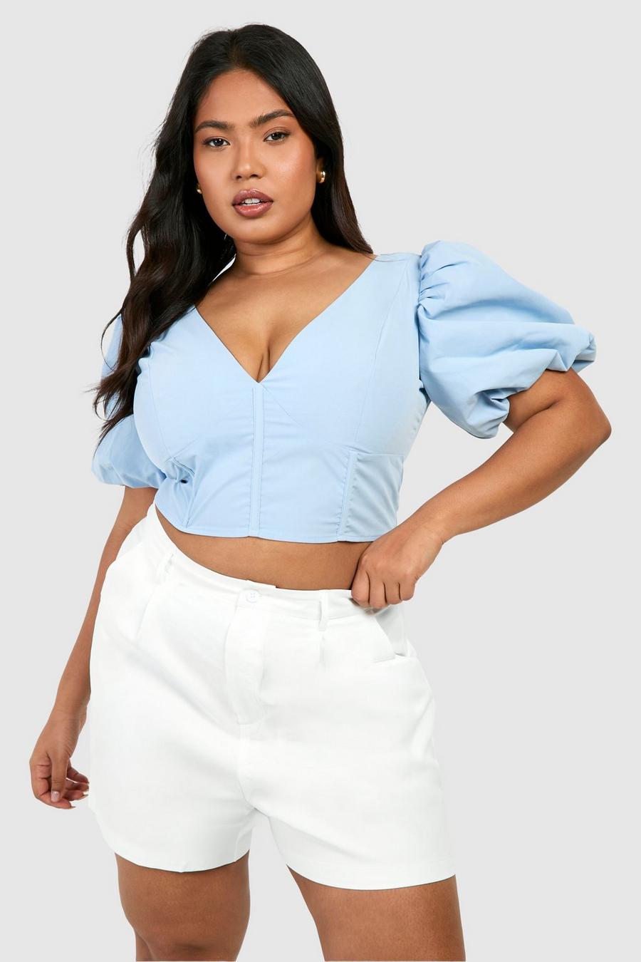 Top a corsetto Plus Size con cuciture e maniche a sbuffo, Baby blue