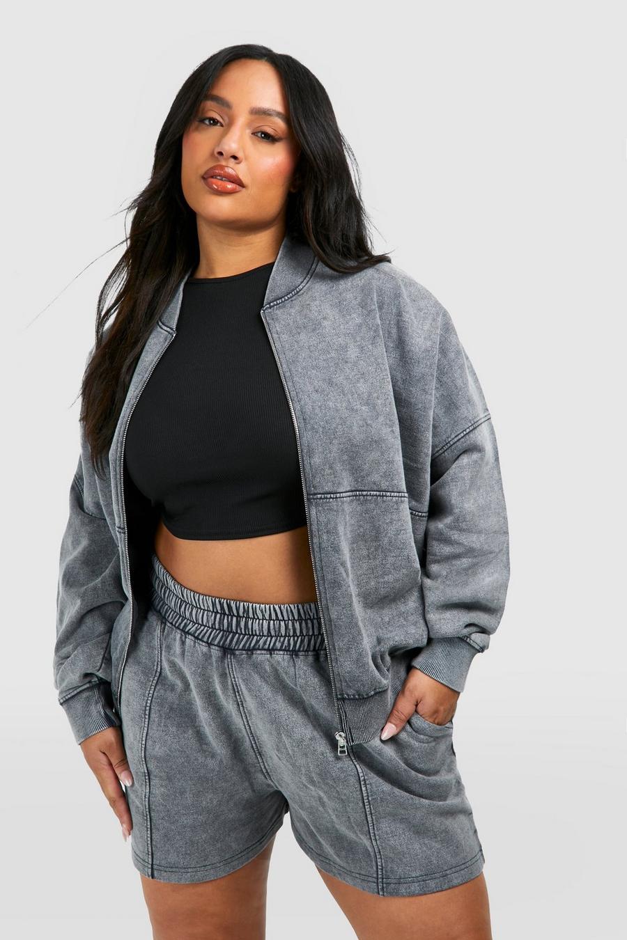 Charcoal Plus Washed Zip Through Bomber Short Tracksuit 
