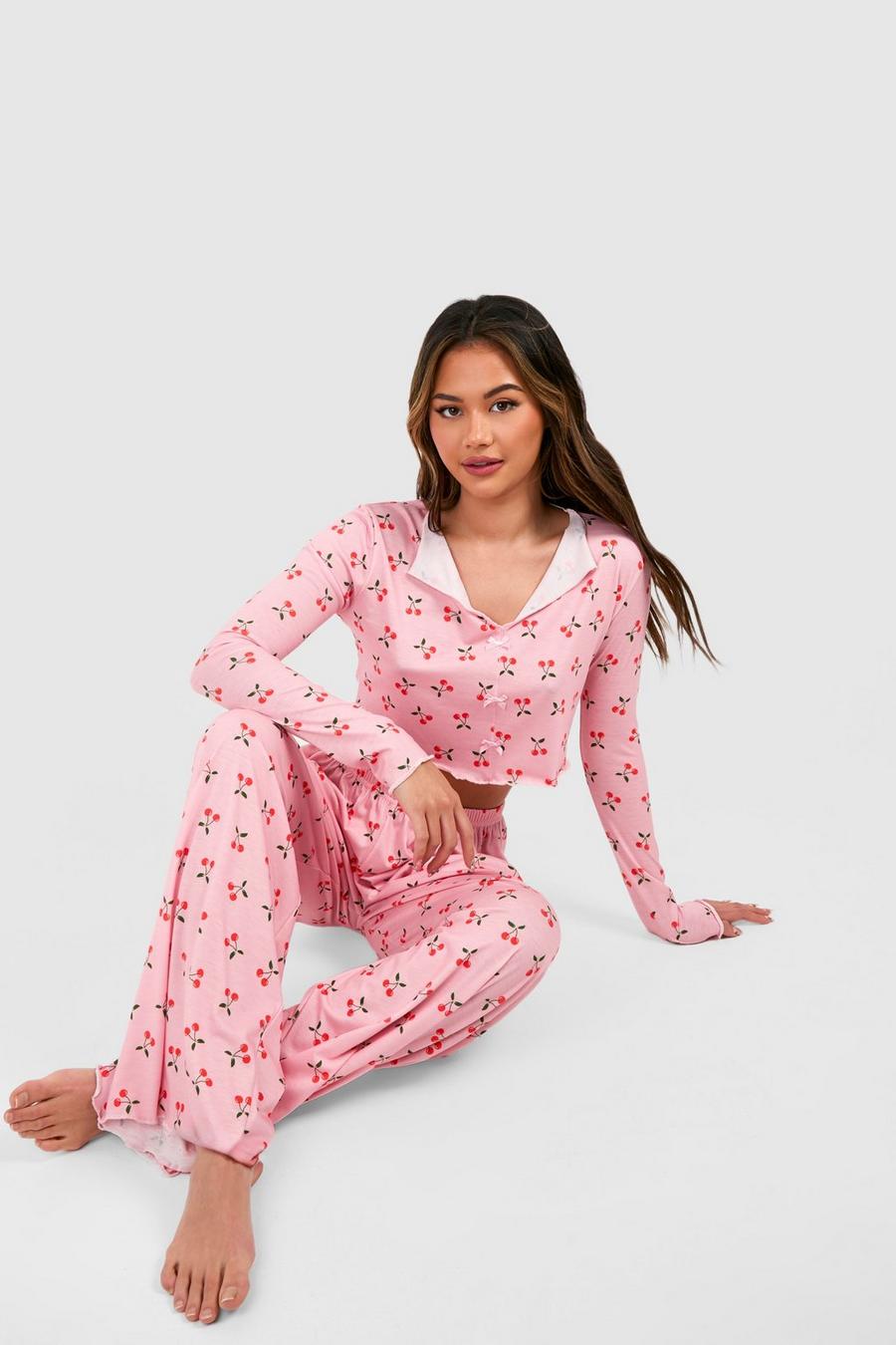 Pijama largo con estampado de cerezas, Pink