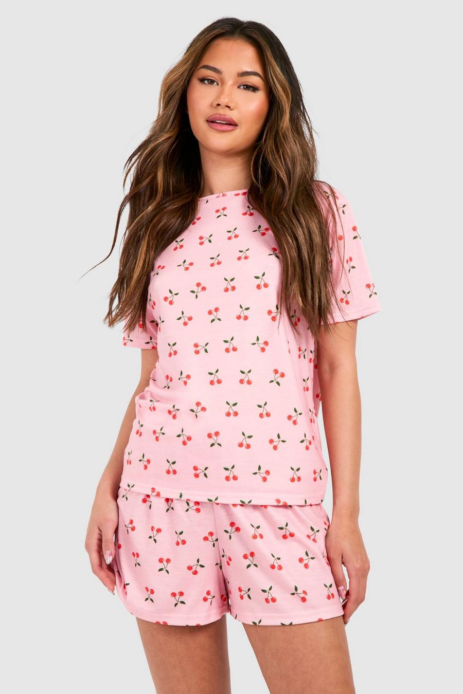 Pijama de pantalón corto con estampado de cerezas, Pink