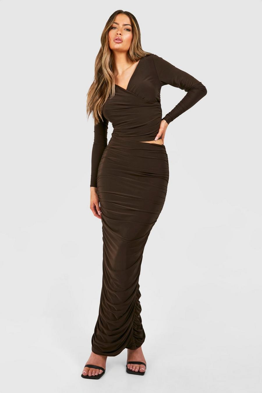 Chocolate Ruched Slinky Maxi Skirt