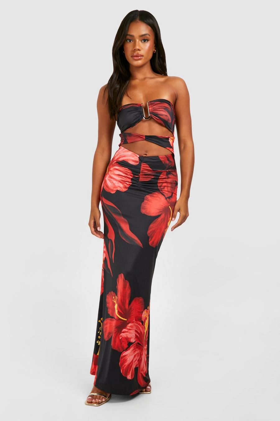 Black Bandeau Gold Trim Cut Out Printed Maxi Dress 