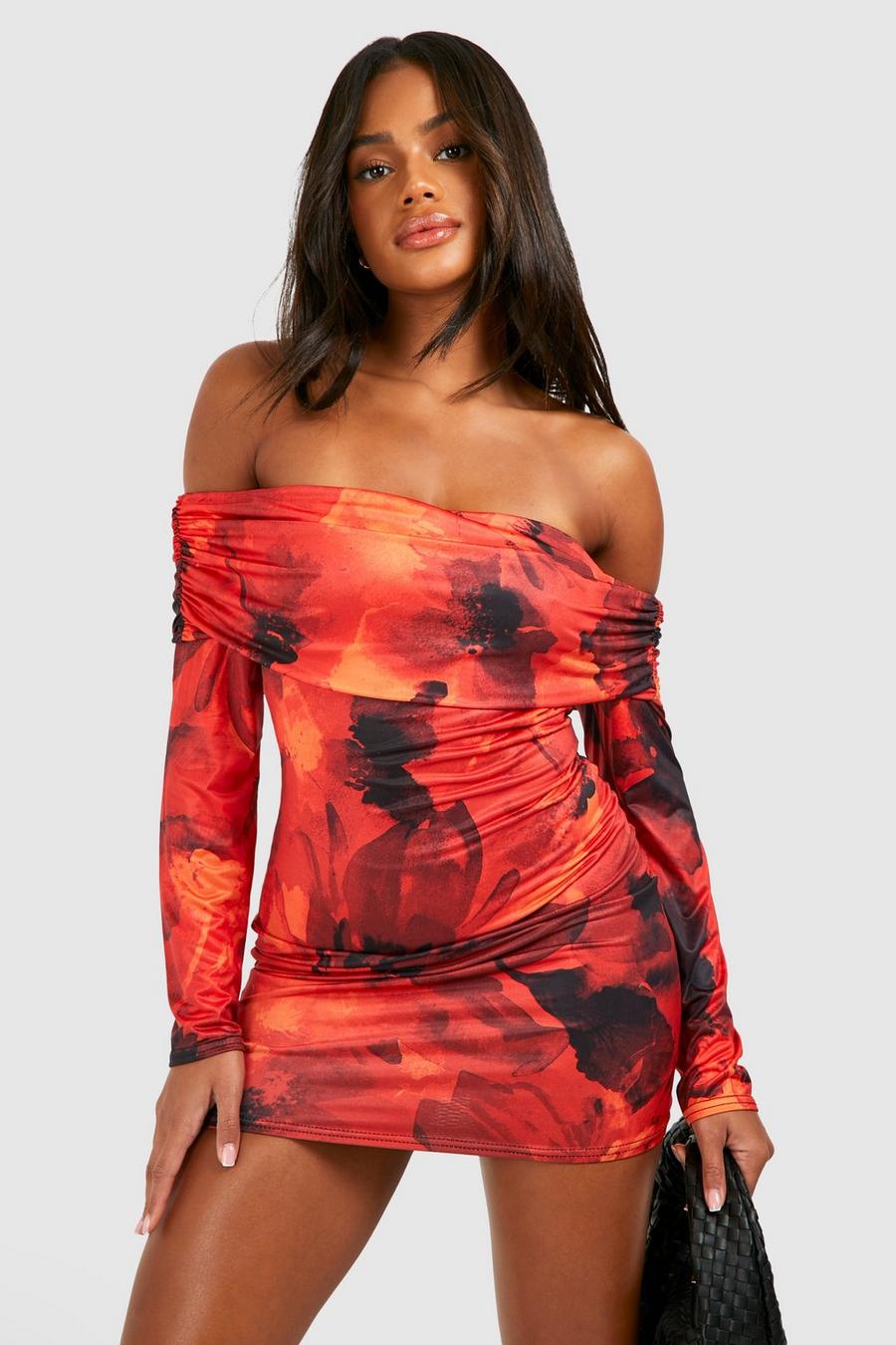 Red Off The Shoulder Cut Out Back Printed Mini Dress image number 1
