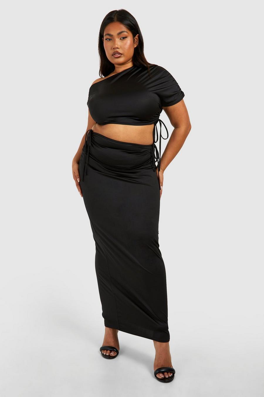 Black Plus Ruched Drape Shoulder Crop Top And Maxi Skirt image number 1