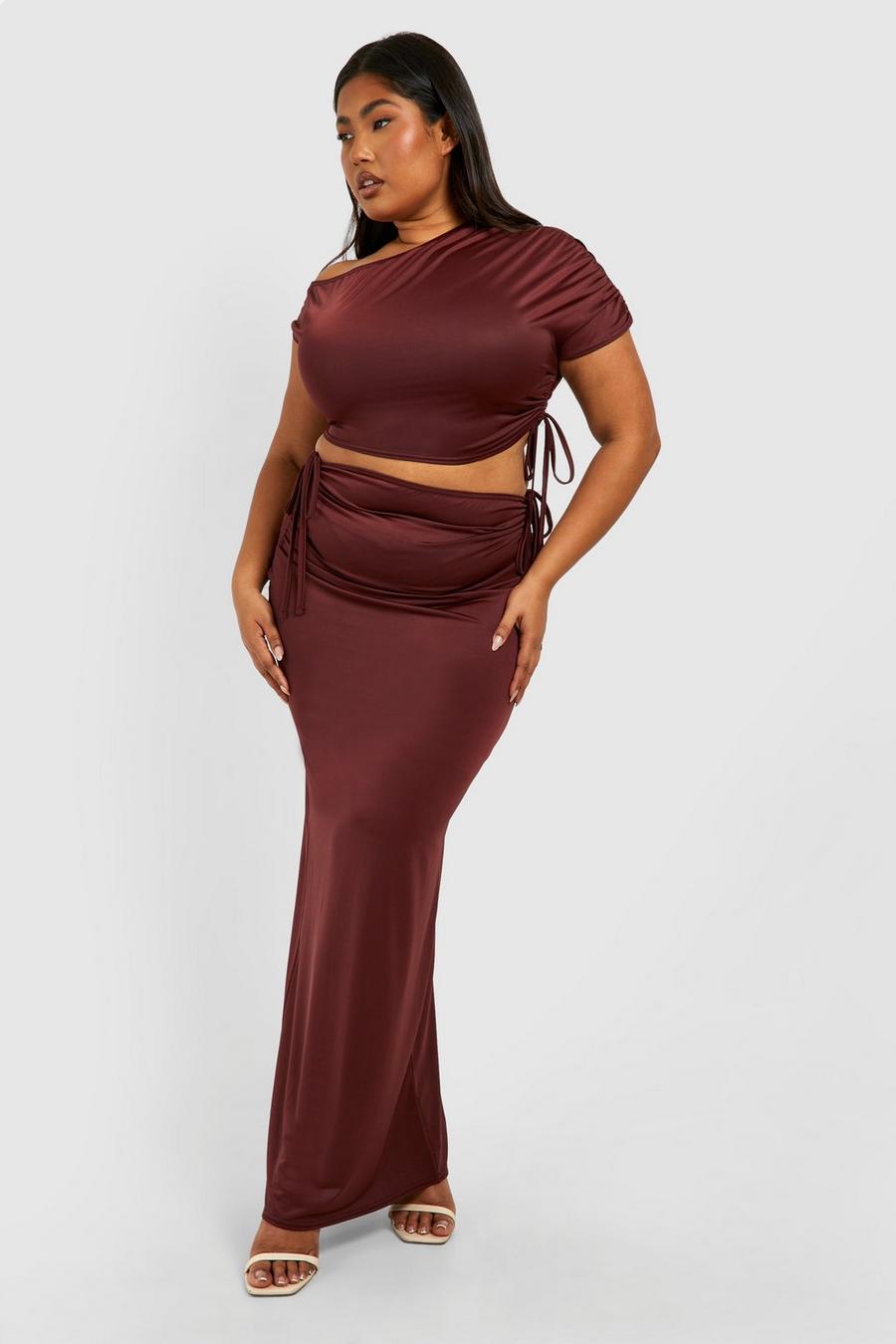 Cherry Plus Ruched Drape Shoulder Crop Top And Maxi Skirt  image number 1
