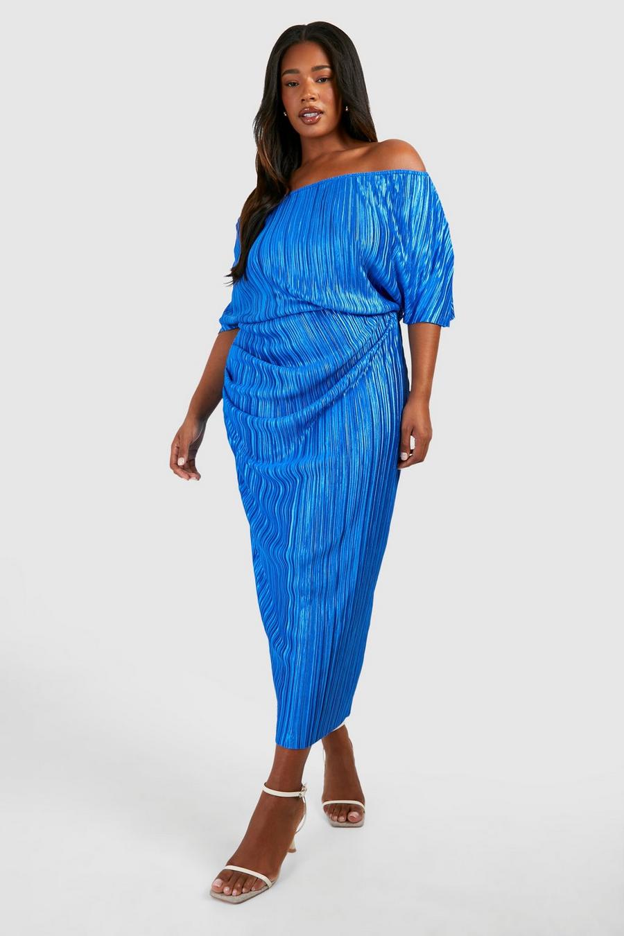 Cobalt Plus Plisse Off Shoulder Midi Jurk