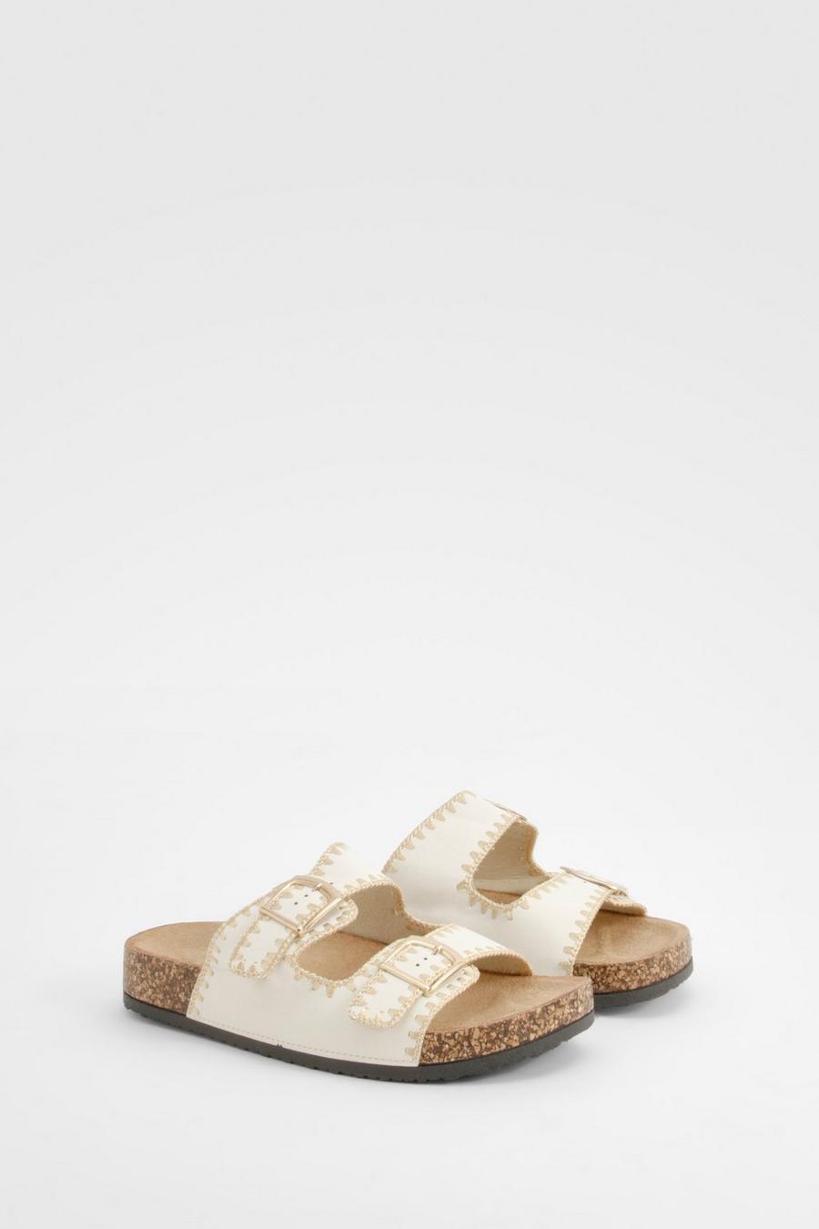 White Contrast Stitch Detail Double Buckle Sliders  