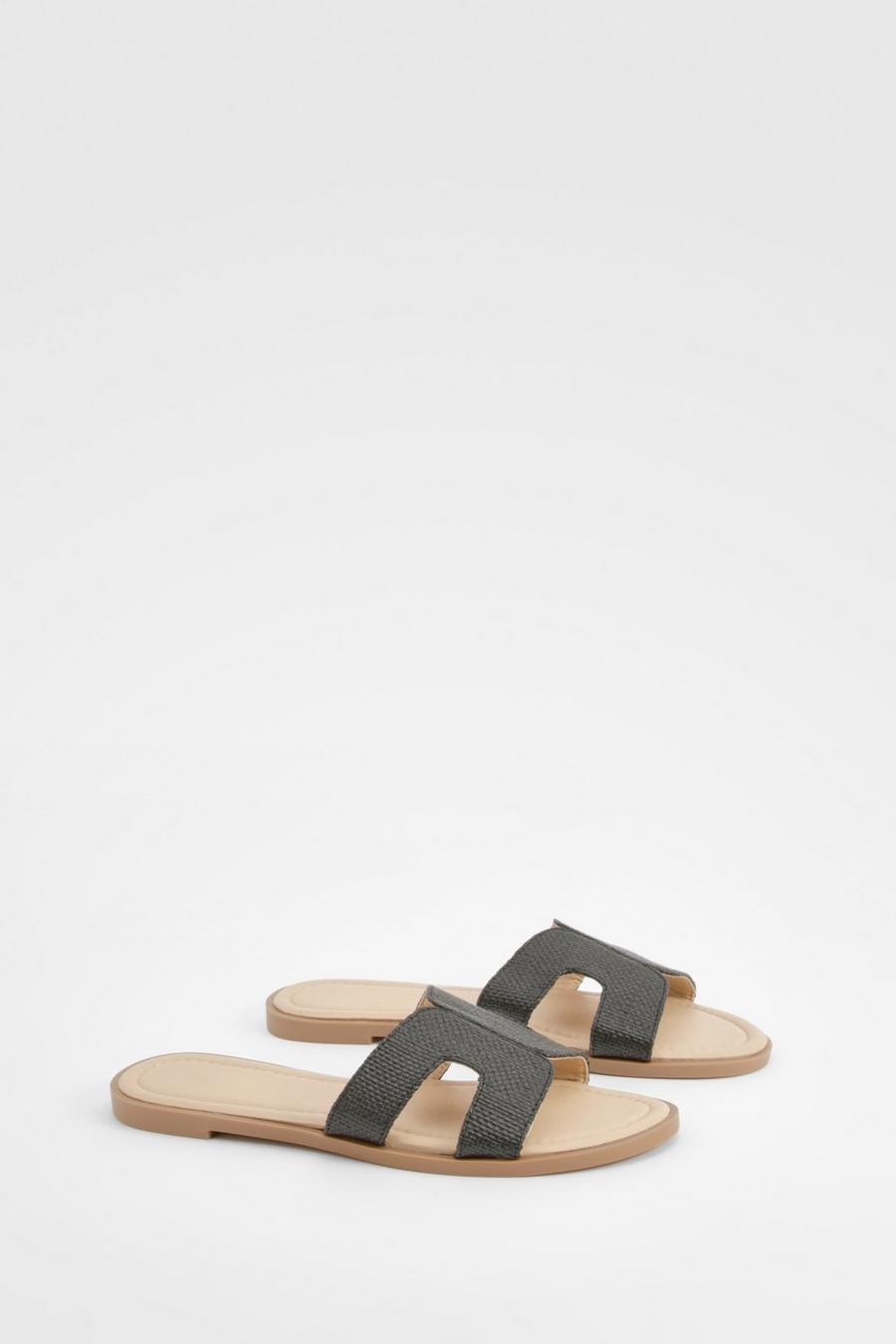 Black Double Strap Raffia Mule Sandals image number 1