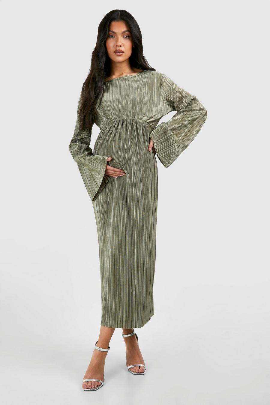 Light khaki Maternity Plisse Batwing Midi Dress
