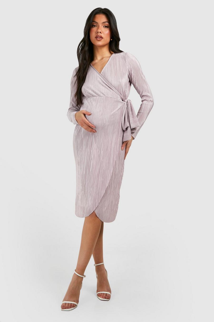Rose Maternity Plisse Wrap Belted Midi Dress