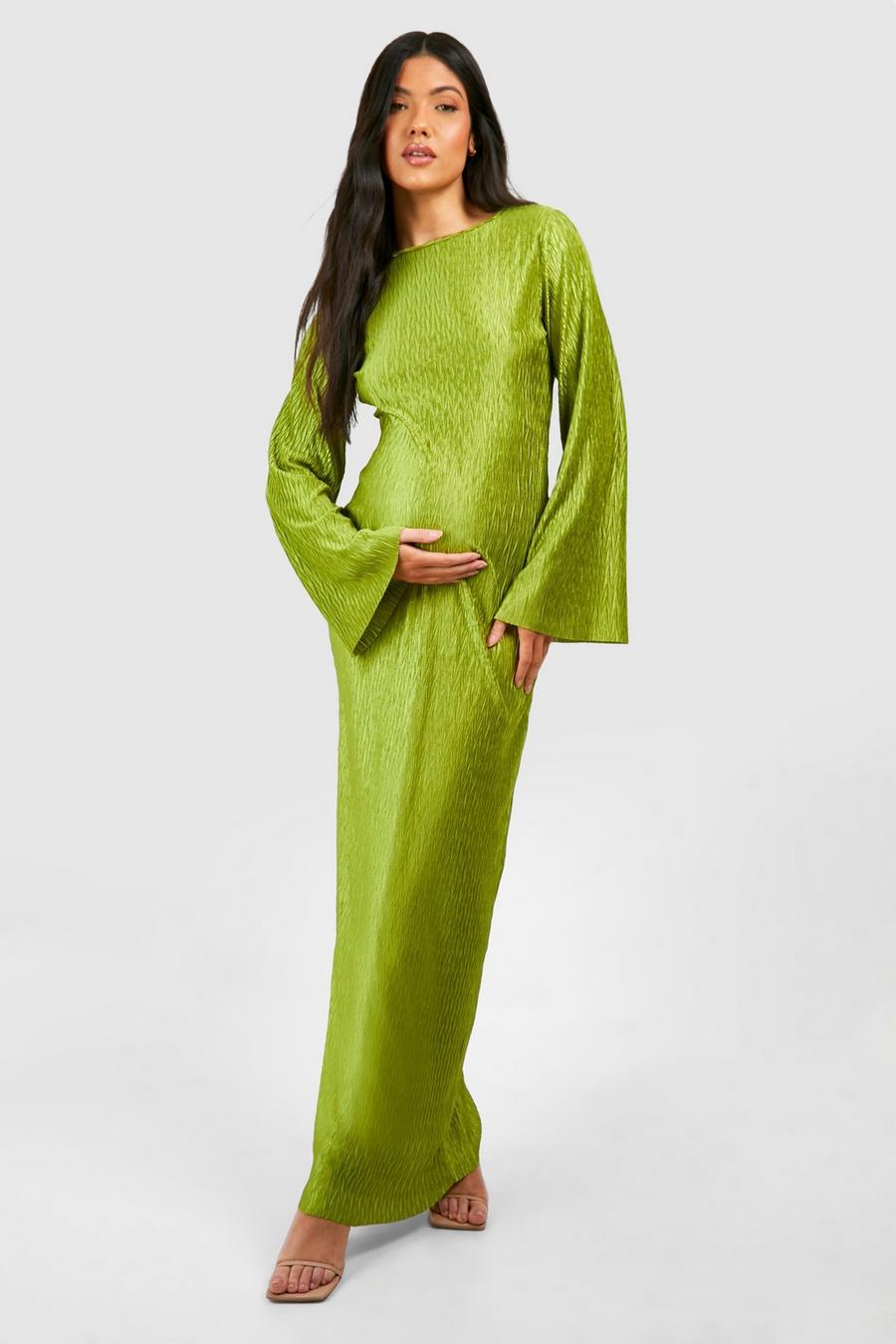 Lime Maternity Wave Plisse Flared Sleeve Column Midaxi Dress