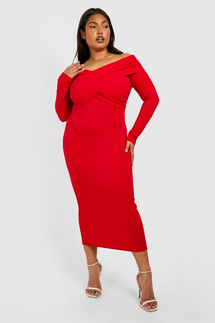 Red Plus Off The Shoulder Ruched Midi Dress image number 1