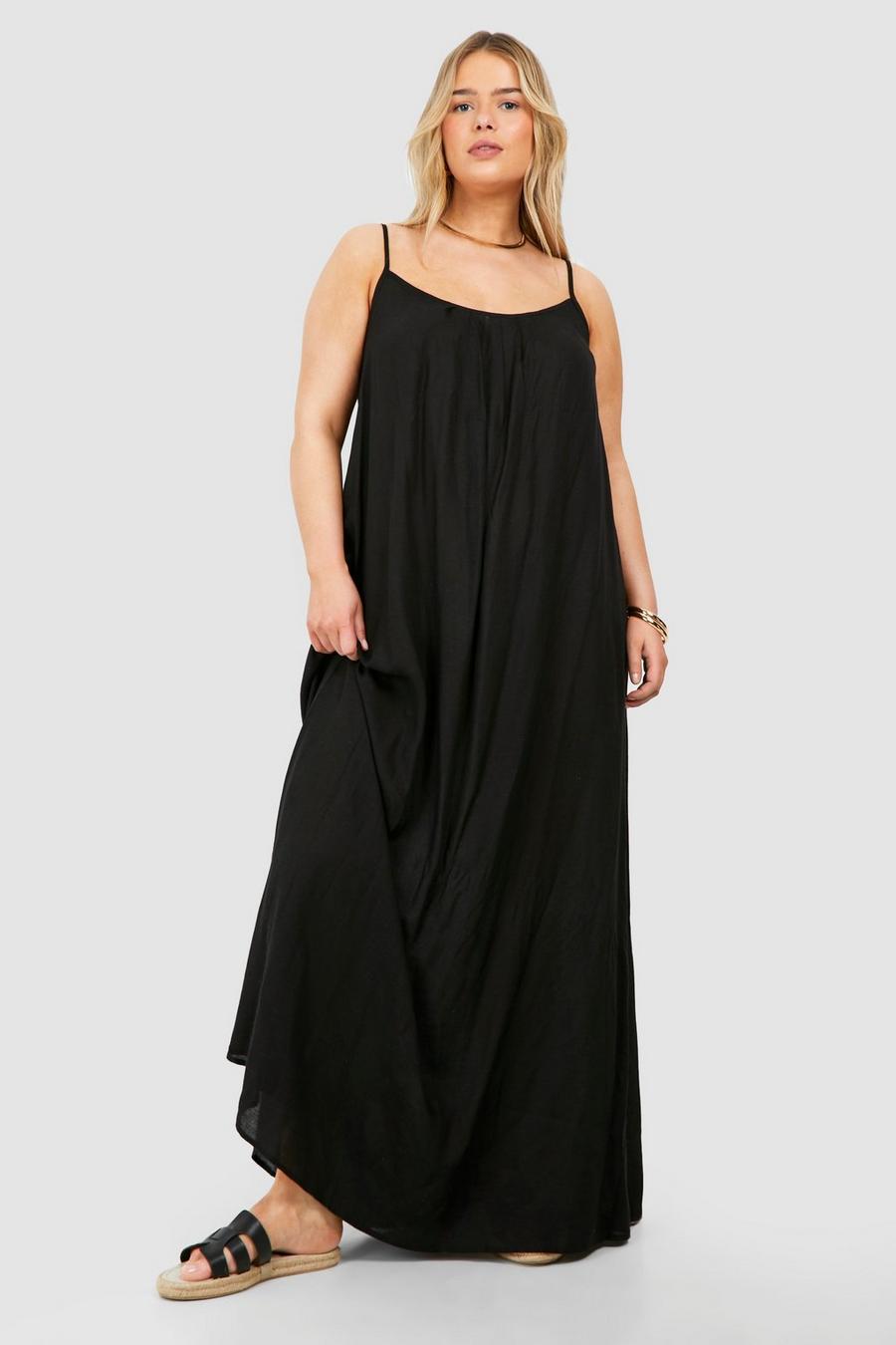 Black Plus Linen Look Pleated Maxi Dress