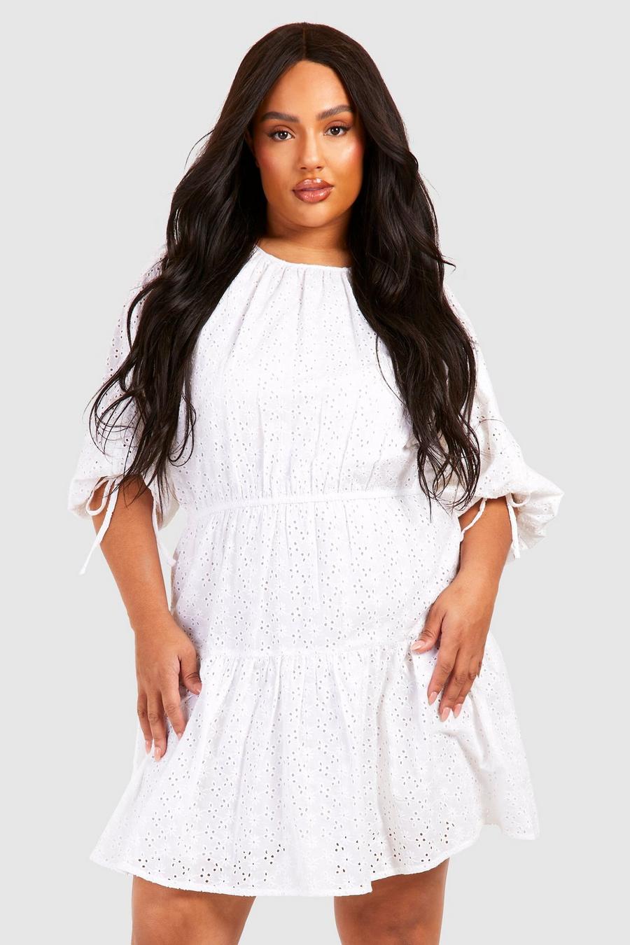 White Plus Broderie Tiered Smock Dress 