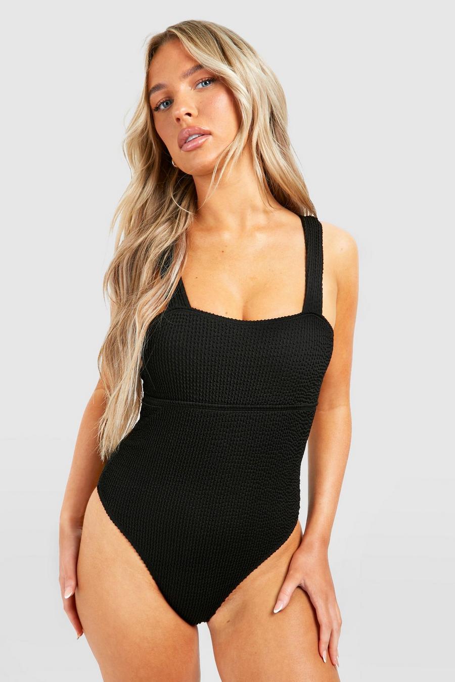 Black Crinkle Strappy Swimsuit image number 1