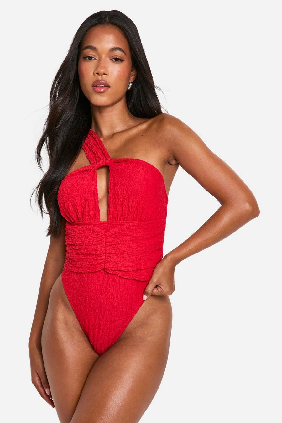 Red Textured One Shoulder Cut Out Swimsuit