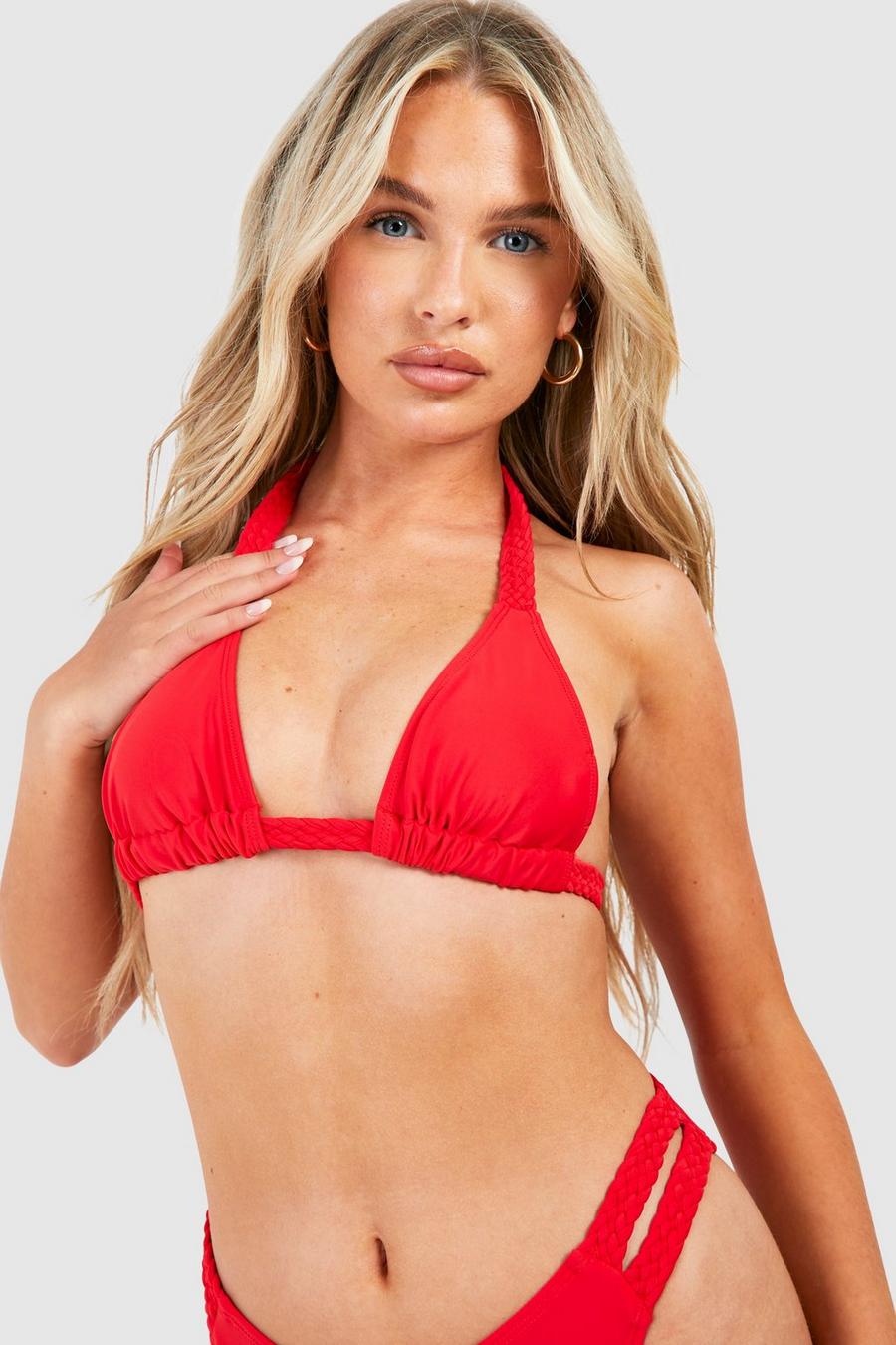 Red Braided Straps Triangle Bikini Top image number 1