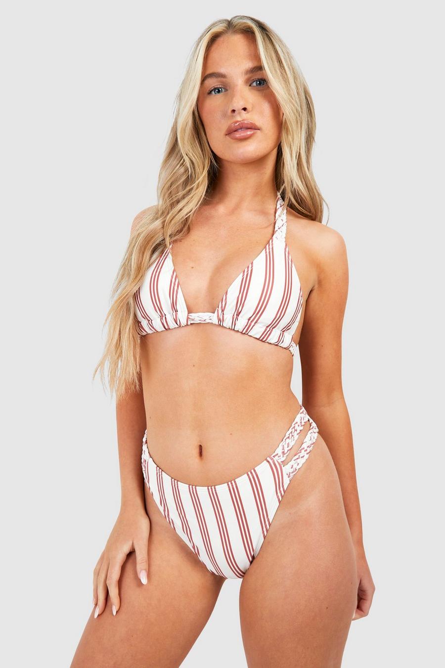 Cream Stripe Print Braided Straps Triangle Bikini Set