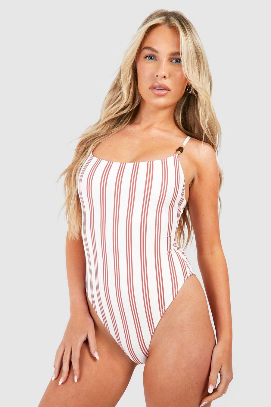 Cream Stripe Print Strap Detail Swimsuit image number 1