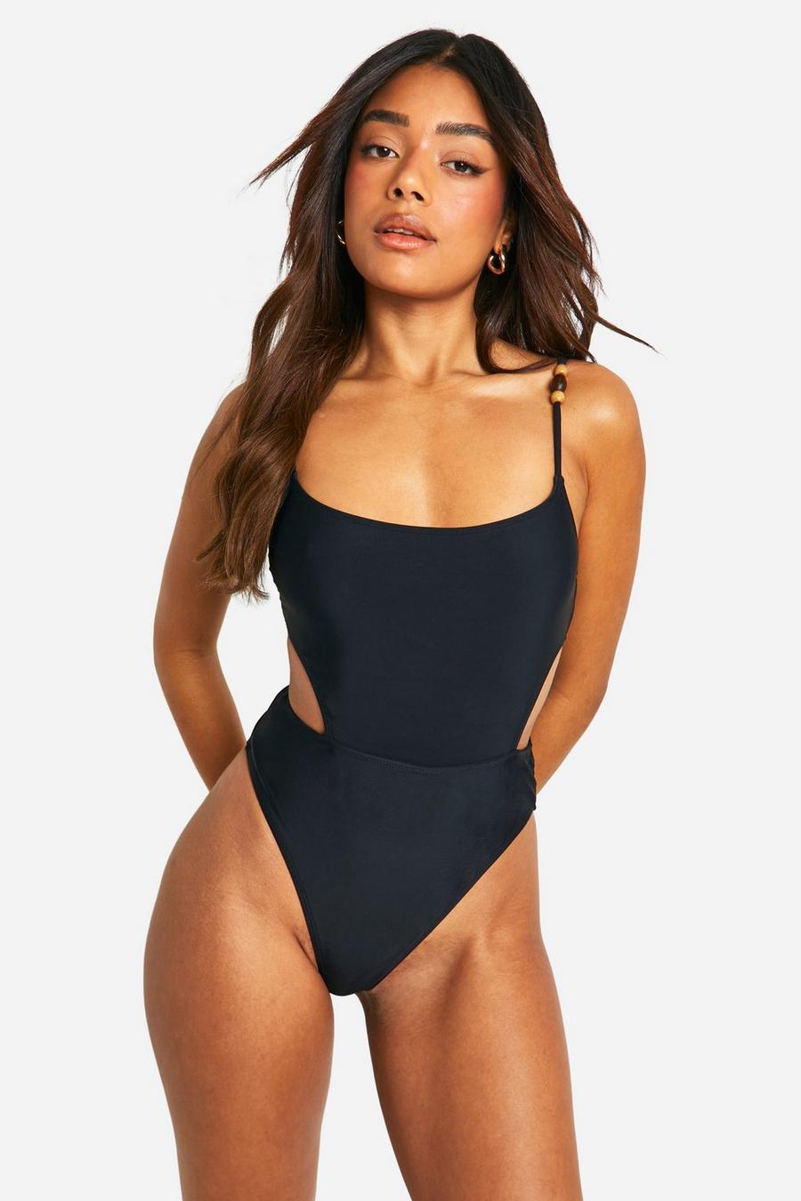 Black Wooden Bead Strappy Cut Out Swimsuit image number 1