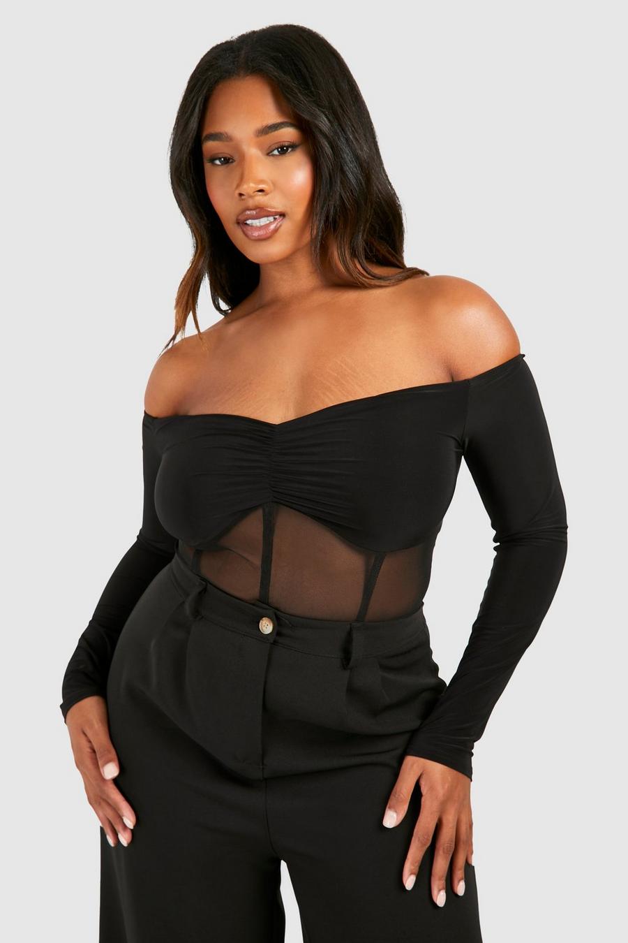 Body Plus Size a corsetto in rete con scollo Bardot, Black