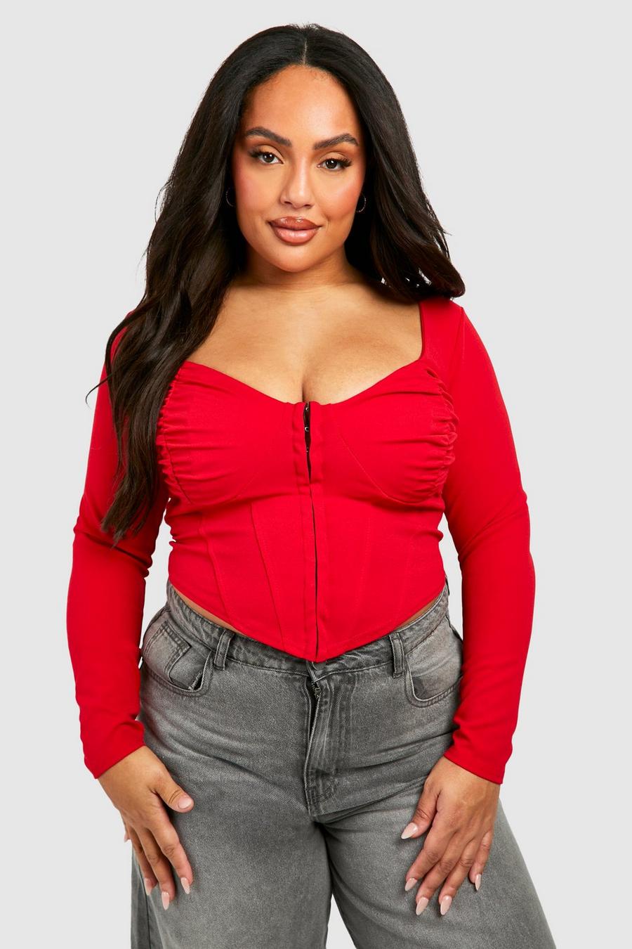 Red Plus Ruched Detail Hook And Eye Corset Top 