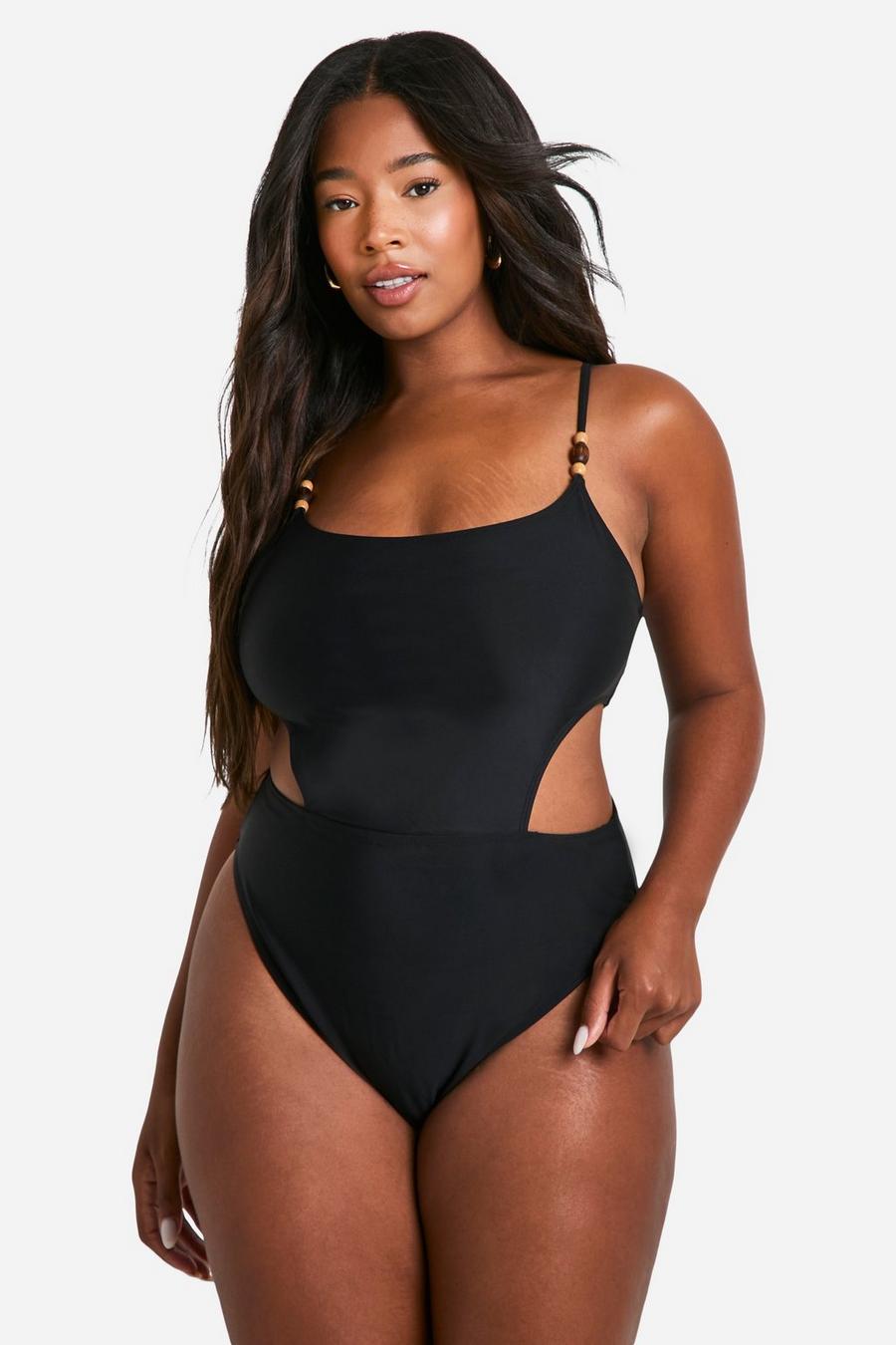 Black Plus Bead Detail Cut Out Side Swimsuit image number 1