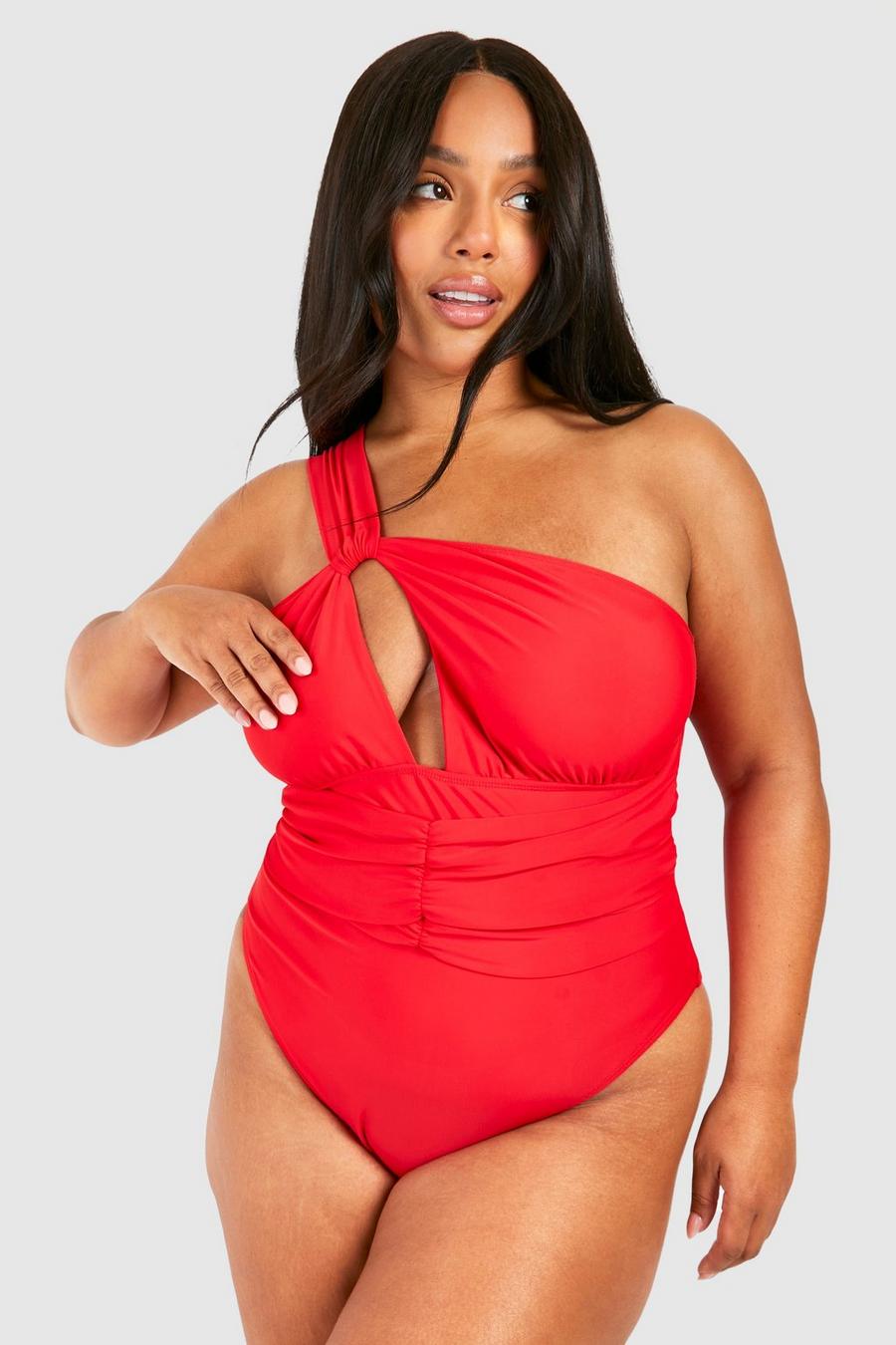Red Plus Keyhole One Shoulder Swimsuit 