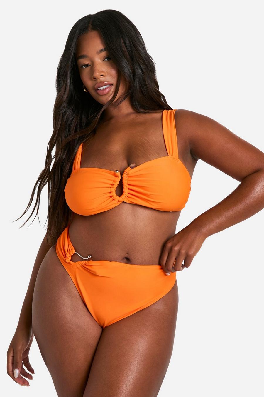 Orange Plus Bead Trim High Waisted Bikini Set  image number 1