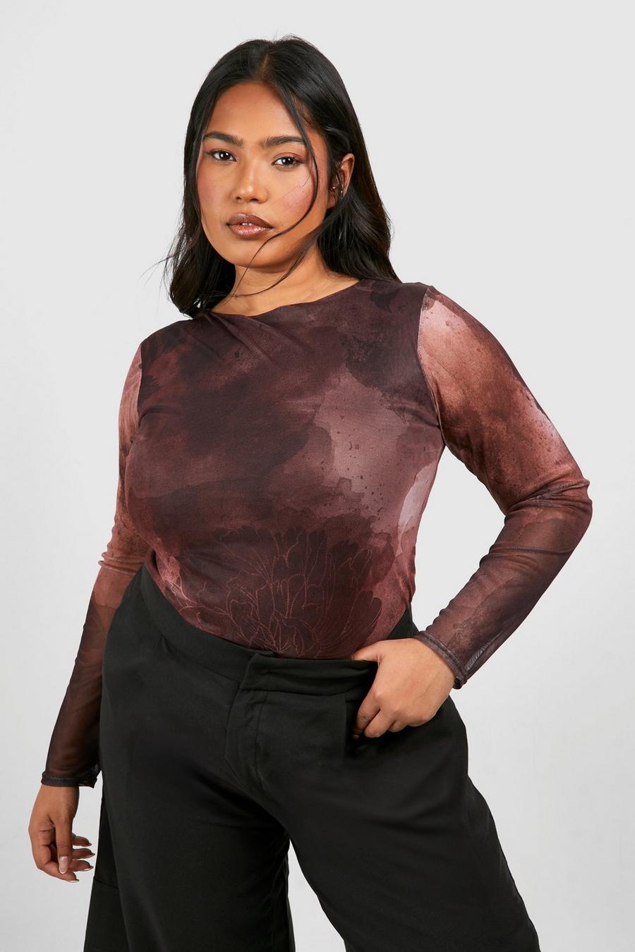 Dark pink Plus Abstract Mesh Long Sleeve Top 