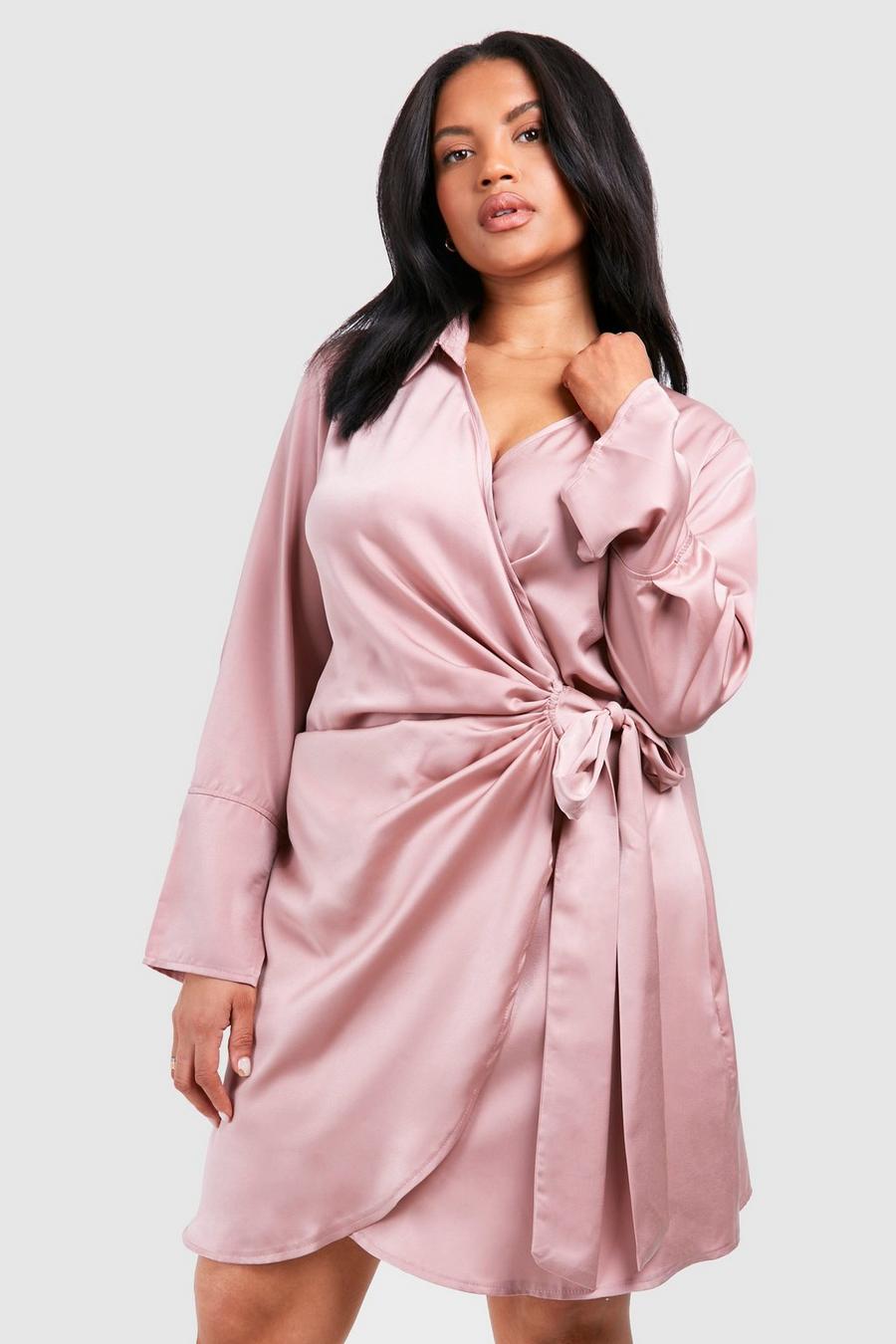 Dusky pink Plus Satin Wrap Shirt Dress 
