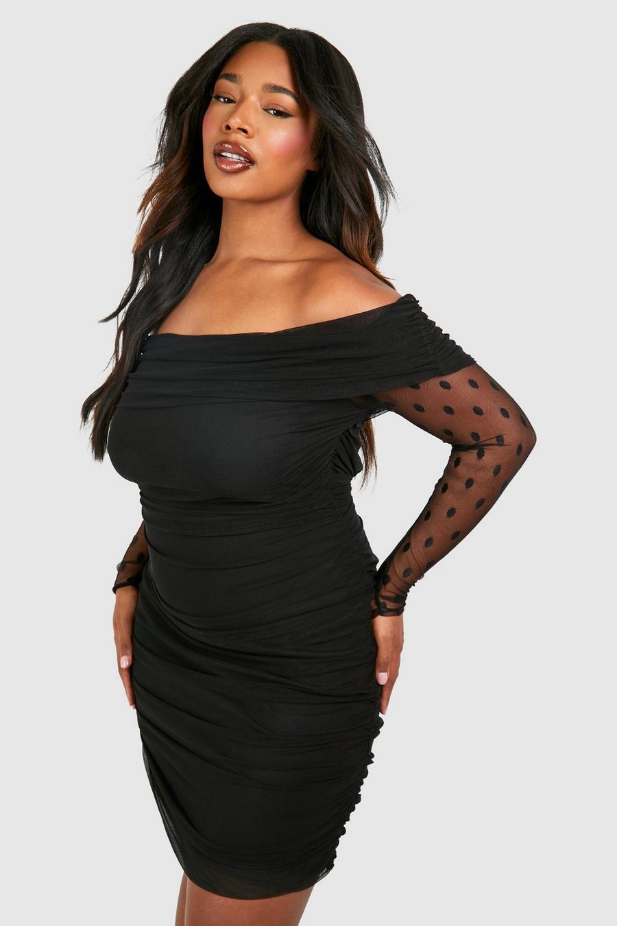Black Plus Dobby Mesh Sleeve Ruched Bodycon Dress image number 1