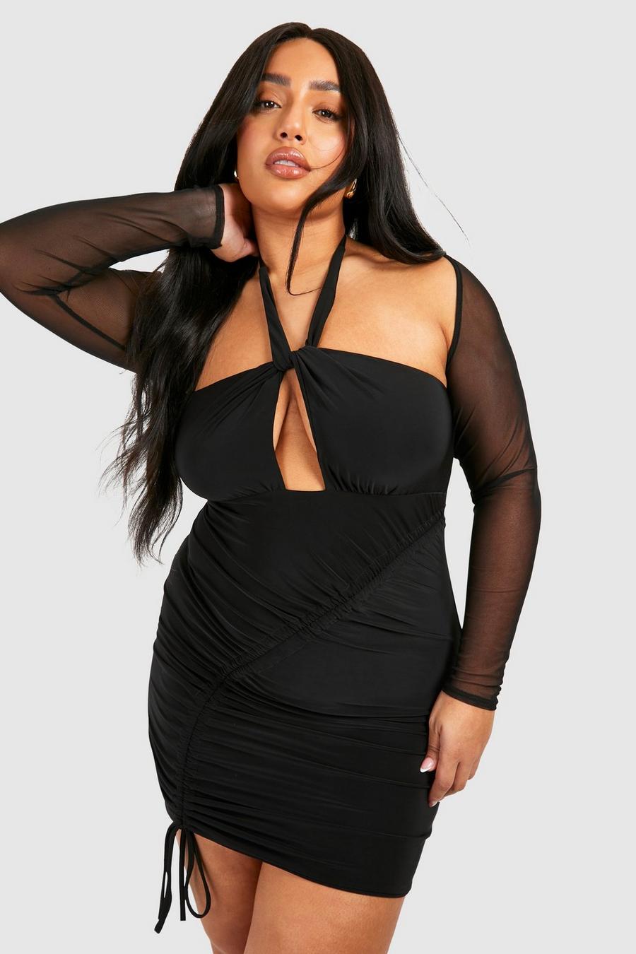 Black Plus Mesh Sleeve Double Slinky Bodycon Dress