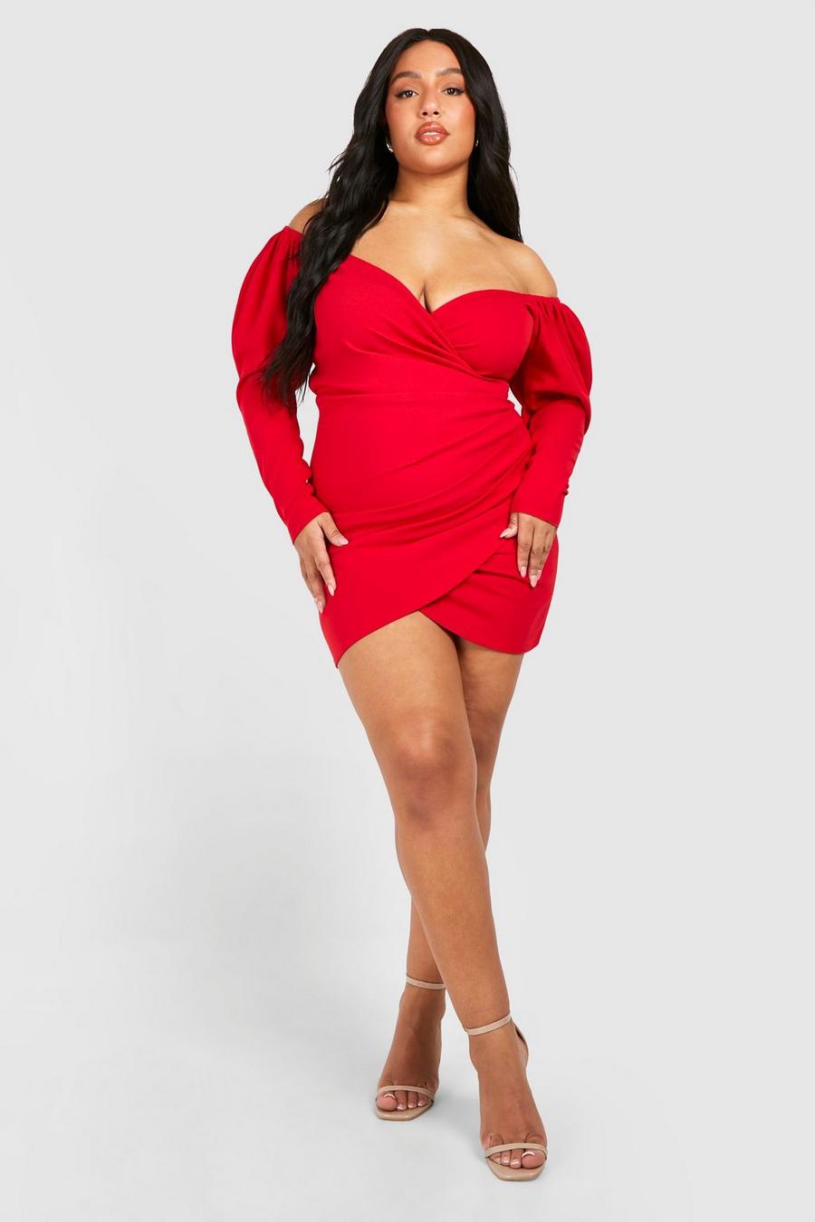 Red Plus Off The Shoulder Wrap Bodycon Dress