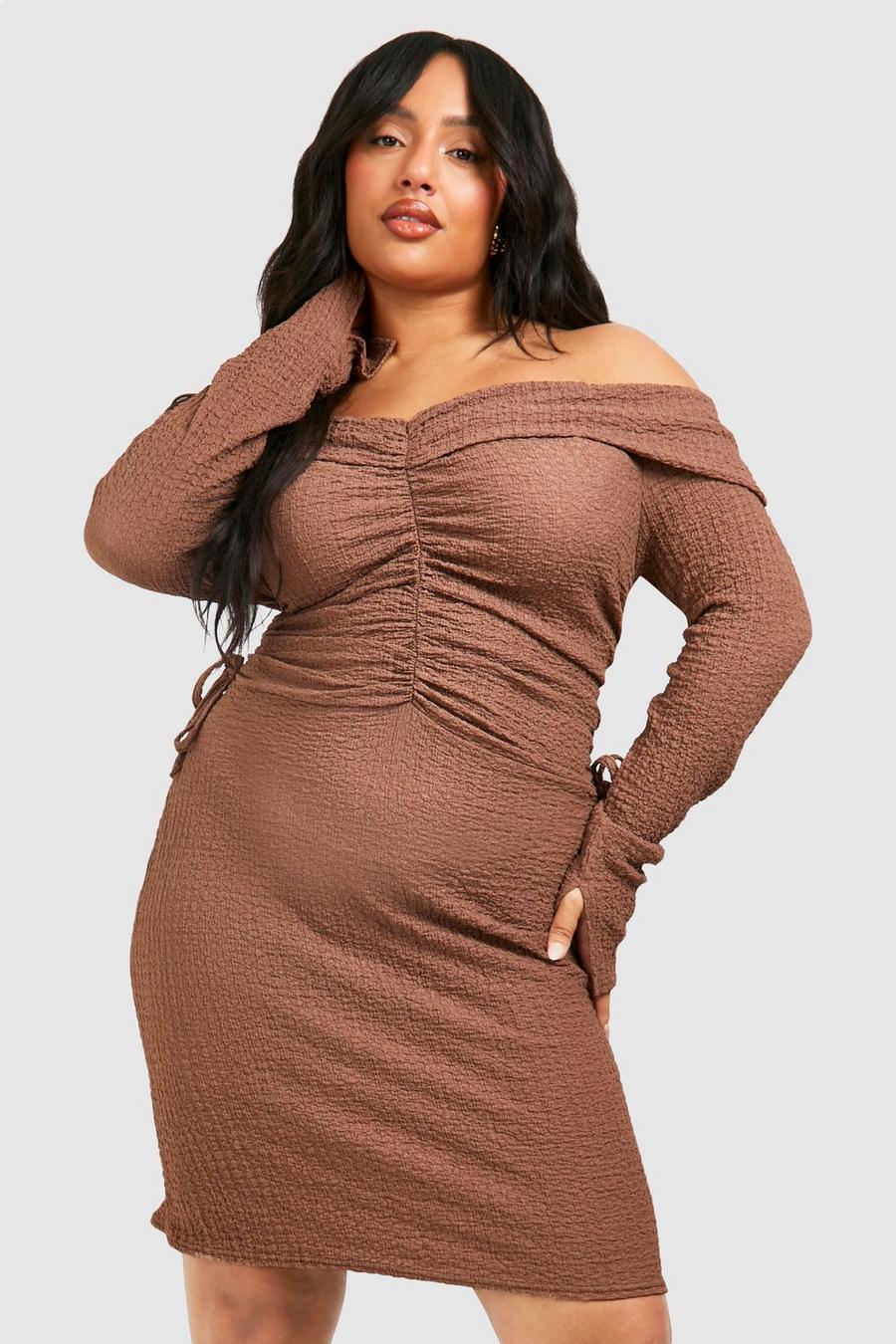 Camel Plus Textured Off Shoulder Ruched Bodycon  Dress