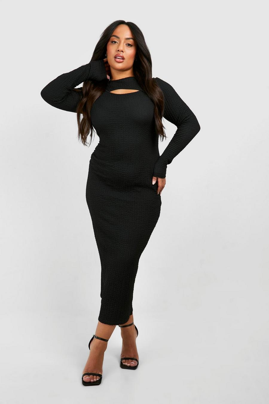 Black Plus Textured Cut Out Midaxi Dress image number 1