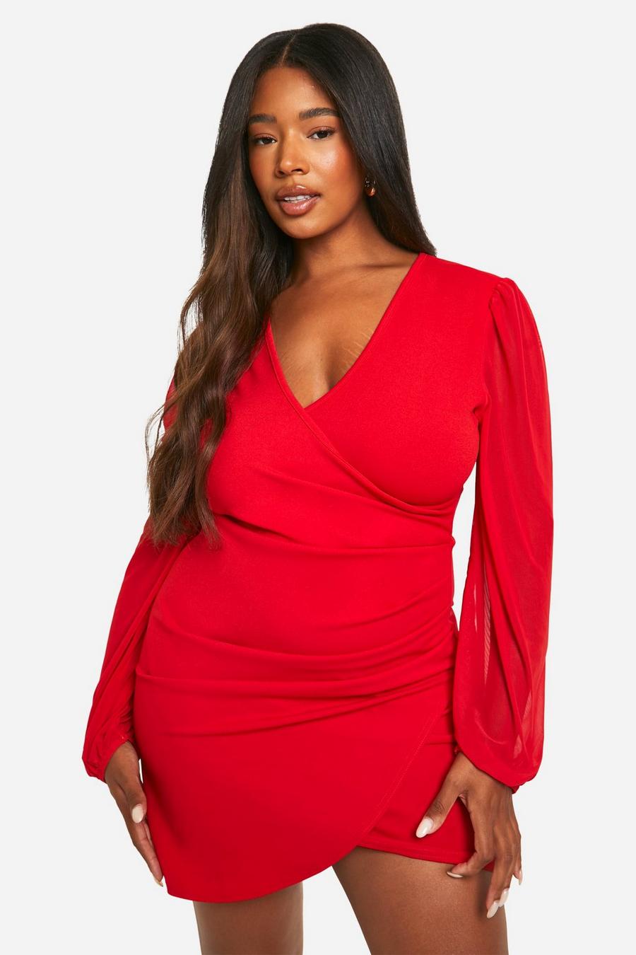 Red Plus Mesh Wrap Dress 