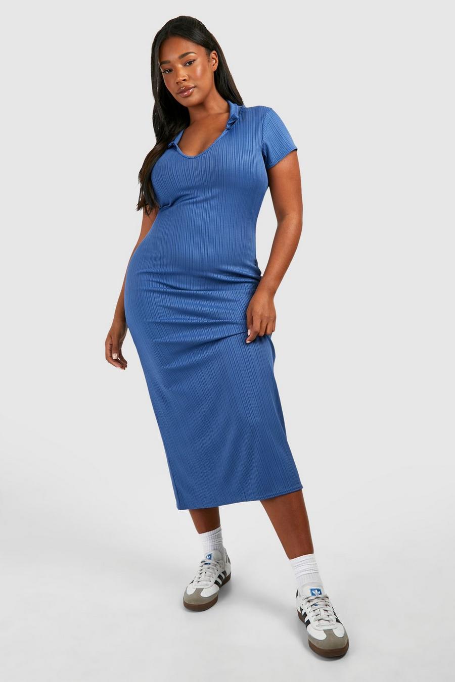 Blue Plus Rib Collar Short Sleeve Midaxi Dress image number 1