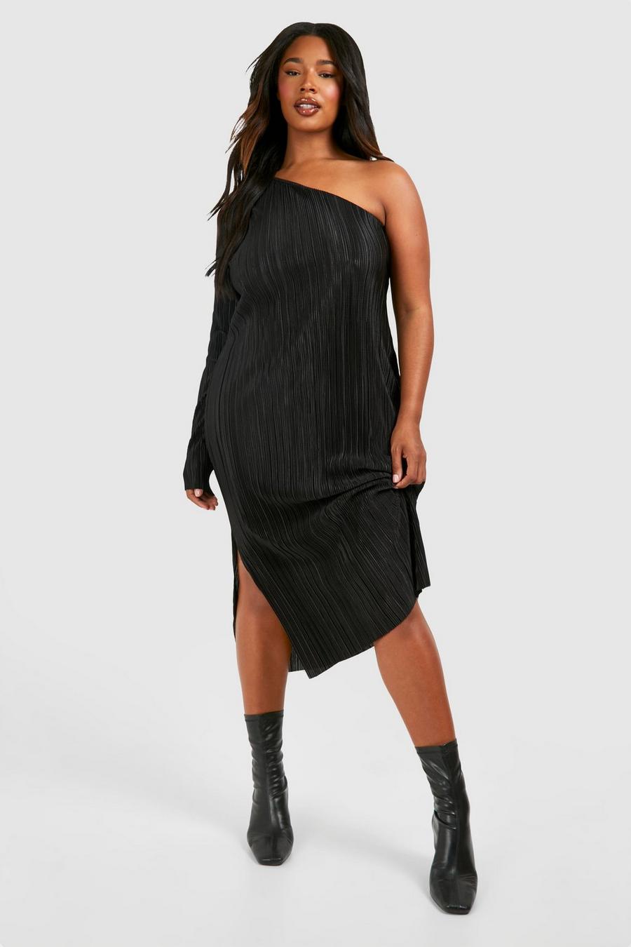 Black Plus Plisse Off Shoulder Split Midi Dress